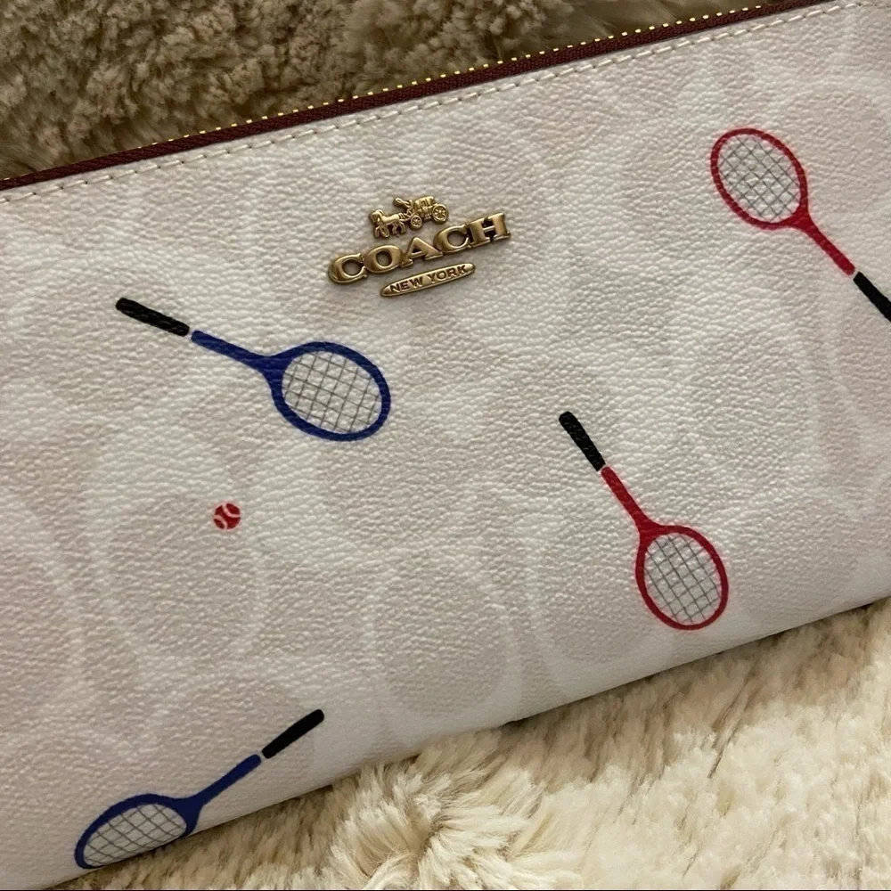 NWT Coach Tennis Racquet Long Zip Around Wallet in Signature White Canvas